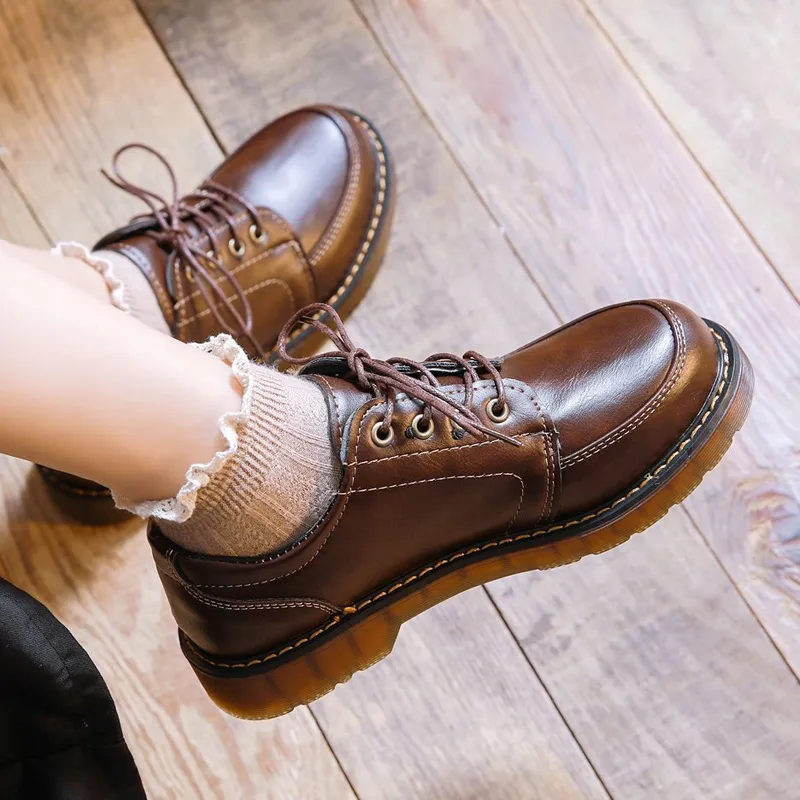 Brown Leather Shoes Womens Loafers With Laces Women's Retro
