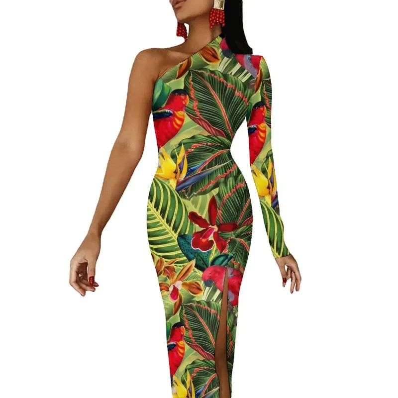 DHgate.com:One Shoulder Floral Maxi Dress - Tropical Bird