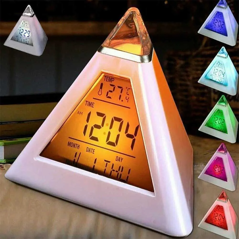 Digital LED Alarm Clock Pyramid Shape Desk Clock with Changing Night ...