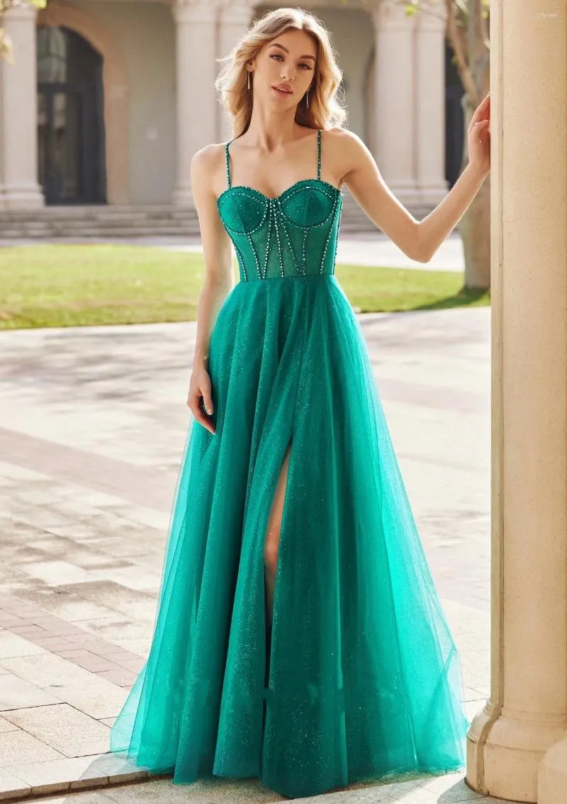 Crystal Tulle Green Spaghetti Straps Prom Dress Crystal Tulle Green Spaghetti Straps Prom Dress
