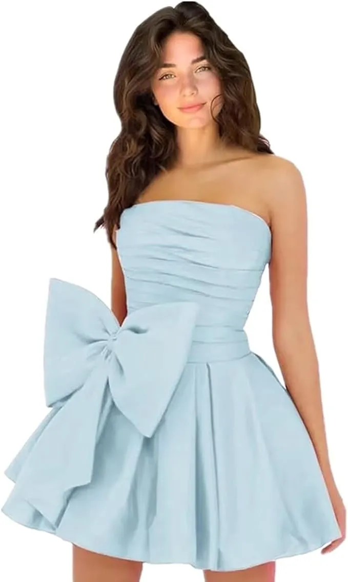 a line ruched strapless chiffon ruffled homecoming dress with bow Chic Strapless A-Line Homecoming Dress With Bows – Movousdress main image 1