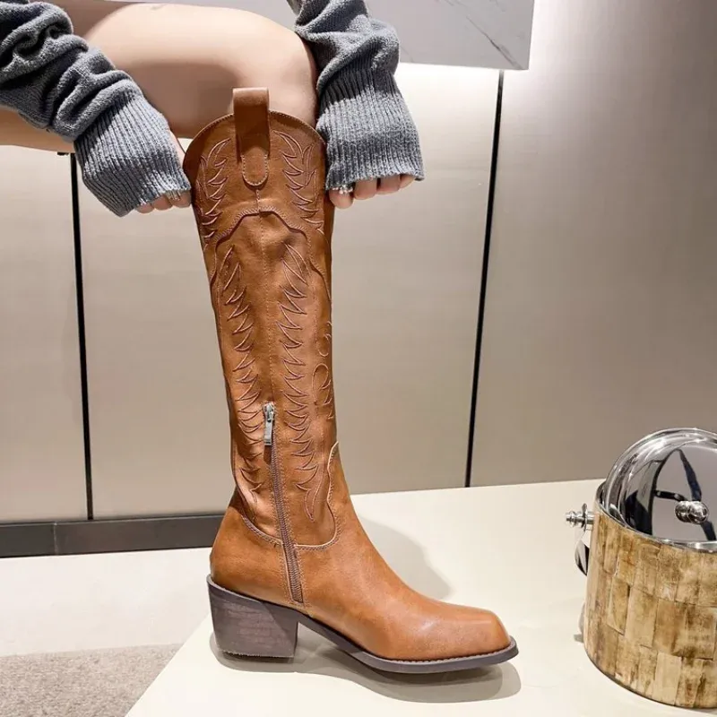 DREAM PAIRS Bottes Femme Western Cowboy Courtes Bout Carré