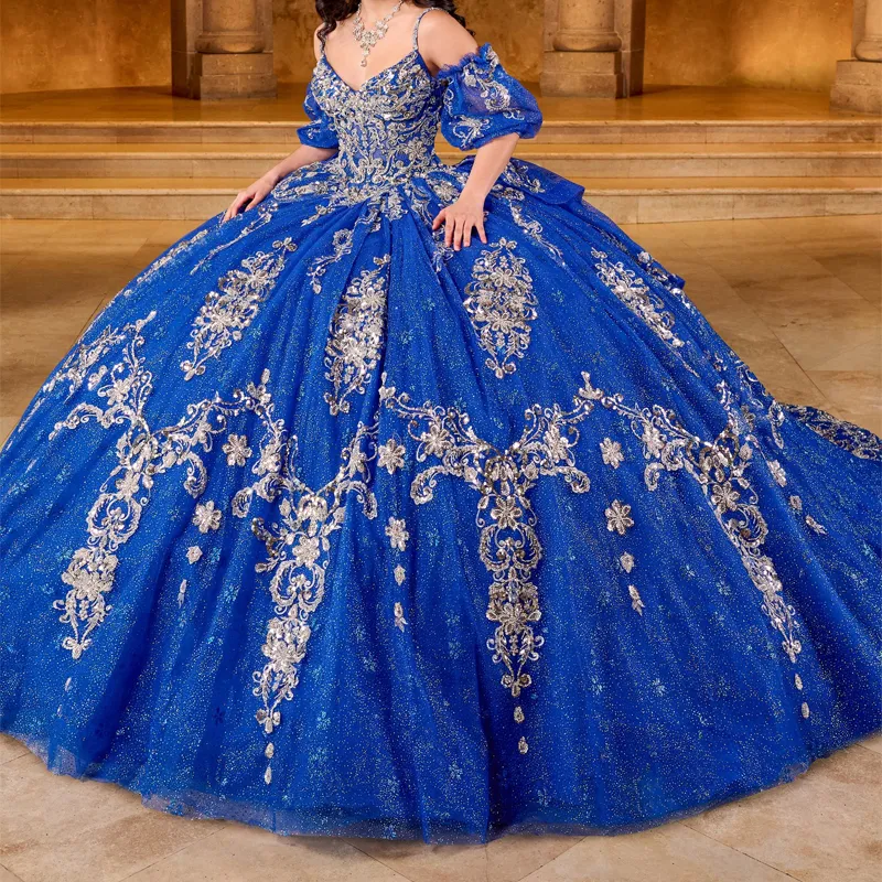 Royal Blue Quinceanera Dresses Spaghetti Strap Gold Lace Applique Tull  Birthday | eBay