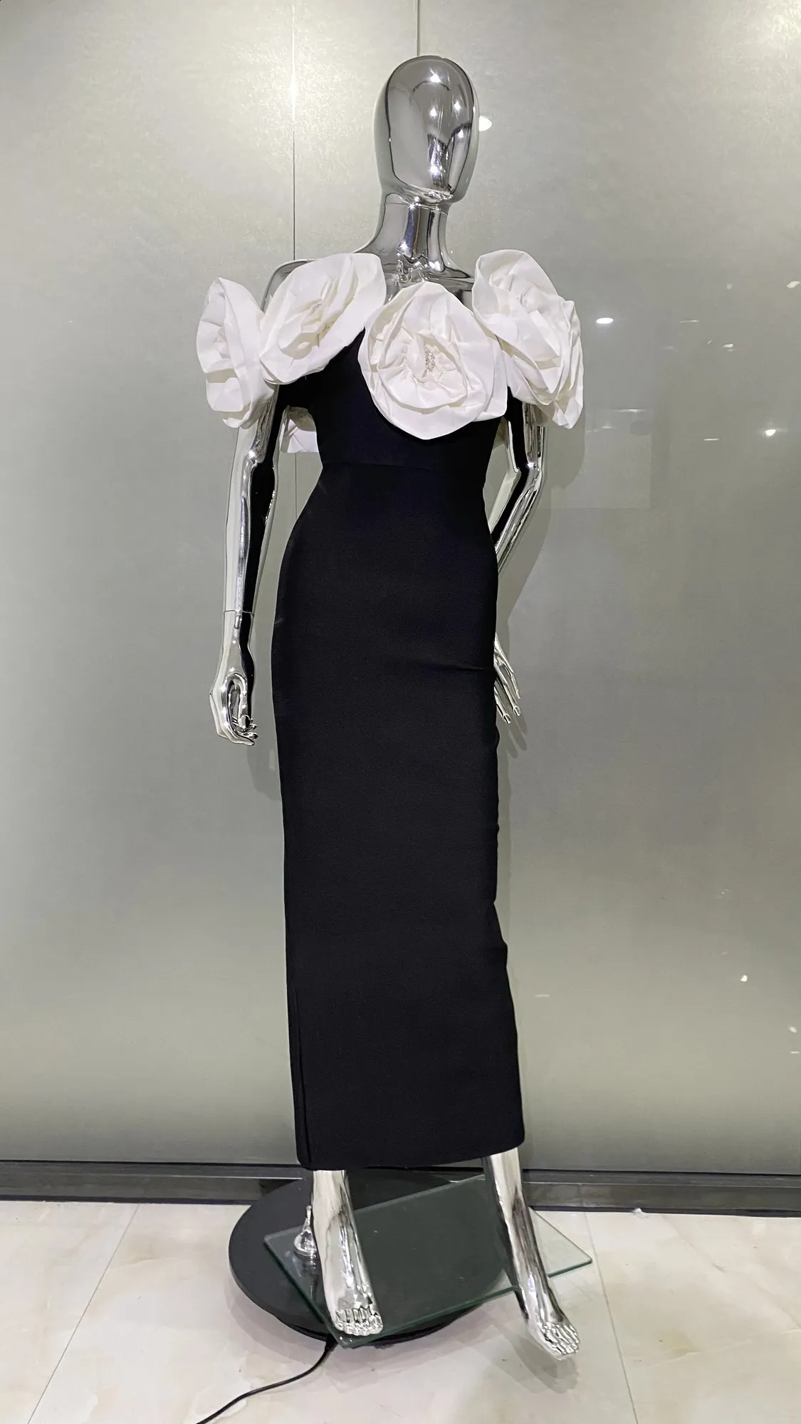 Three dimensional White flower sexy shoulder ankle length bandage dress for womens birthday party Vestido wedding party costume 240904