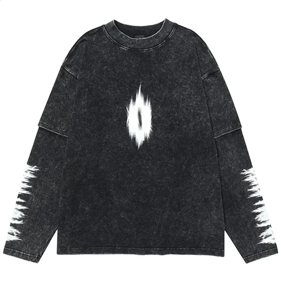 Snowflake Washed Vintage T-Shirt for Men, Hip Hop Oversized Long Sleeve ...