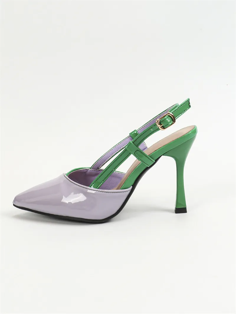 Womens Leather Pointed Toe Slingback Pumps with Buckle Strap