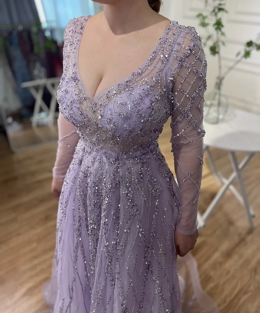 Lavender Prom Gown: Long Sleeve Illusion Evening... From Lpdqlstudio,  $191.88 | DHgate.Com