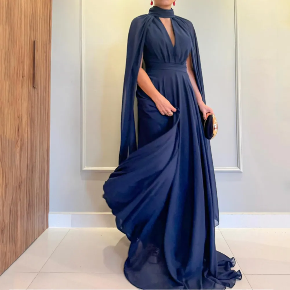 high neck chiffon prom dress Navy Lace & Chiffon Halter Neck High Slit Prom Gown