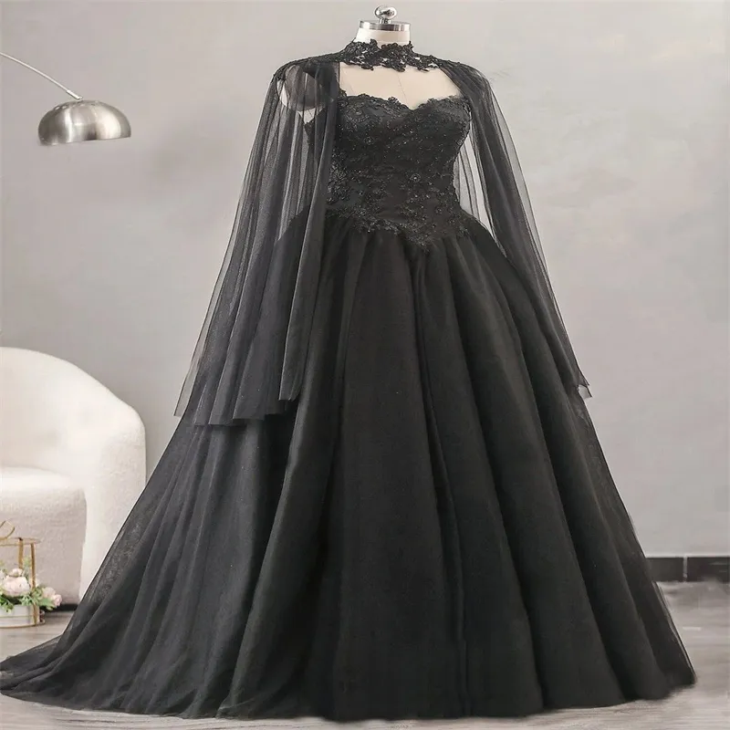 2025 Gothic Black Black Gothic wedding dress with Cape - Stunning Medieval Fantasy Country Bridal Gown with Beaded Lace and Aesthetic Vestido de