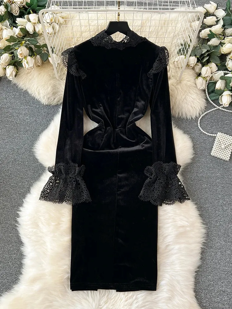 knee length dresses for ladies VENUIE French-style lace apricot white knit dress, autumn/winter V-nec –  Lee Nhi Boutique