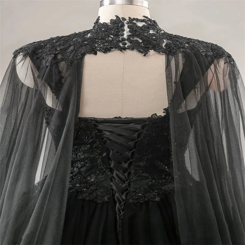 2025 Gothic Black Black Gothic wedding dress with Cape - Stunning Medieval Fantasy Country Bridal Gown with Beaded Lace and Aesthetic Vestido de