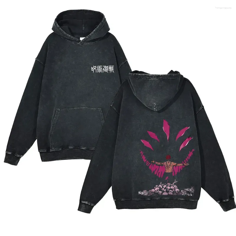 wikuba Vintage Printed Men s Hoodie Anime Jujutsu Kaisen Washed Graphic sweatshirtsColor BlackMaterial Denim or A Denim Like fabricStyle Casual