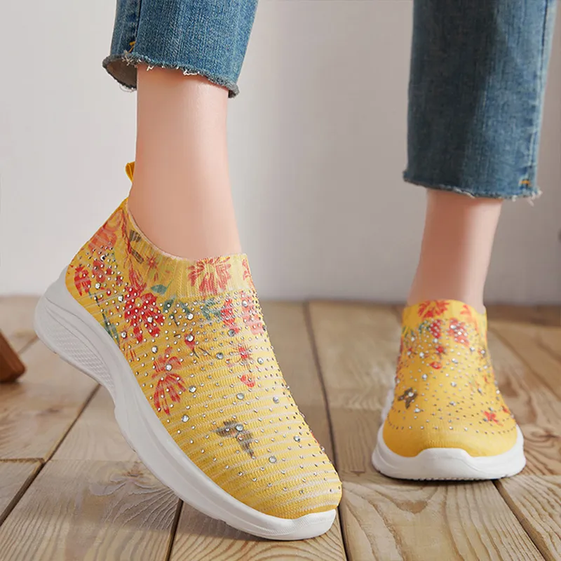 Women Floral Pattern Rhinestone Decor Slip On Running Shoes, Sporty Outdoor Sneakers | SHEIN A