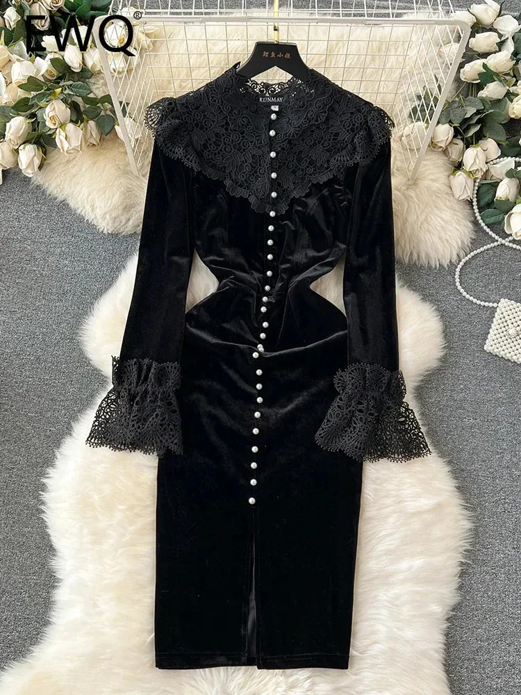 ewq shirt dresses EWQ Elegant Womens Dress Lace Splicing Work Metal Single Chest Buckle Hip Warp Yarn Dress Winter Spring 2024 Style 27SN4843 240904