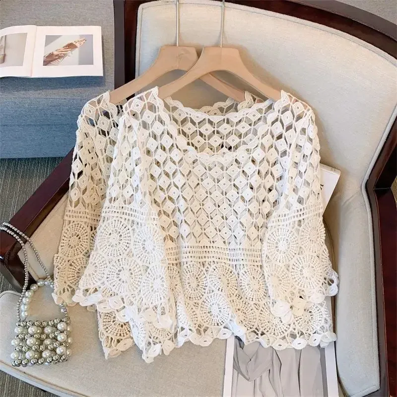thumbnail image 2 of Women's Crochet Summer Tops - Short Sleeve Hollow Out Sweater Beach Coverup 2 of 11