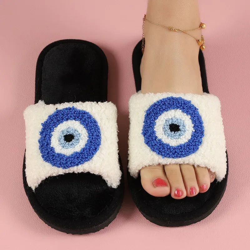 Cozy Blue Evil Eye Fluffy Slippers for Women Open Toe, Plush Flannel,  Indoor Comfort Shoes