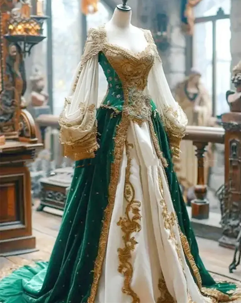 Vintage Victorian prom dress for Women - Long Sleeve, Gold Lace Appliques, Green and White A-Line, Elegant Formal Gown for Evening Events in 2025 Vintage Victorian prom dress for Women - Long Sleeve, Gold Lace Appliques, Green and White A-Line, Elegant Formal Gown for Evening Events in 2025