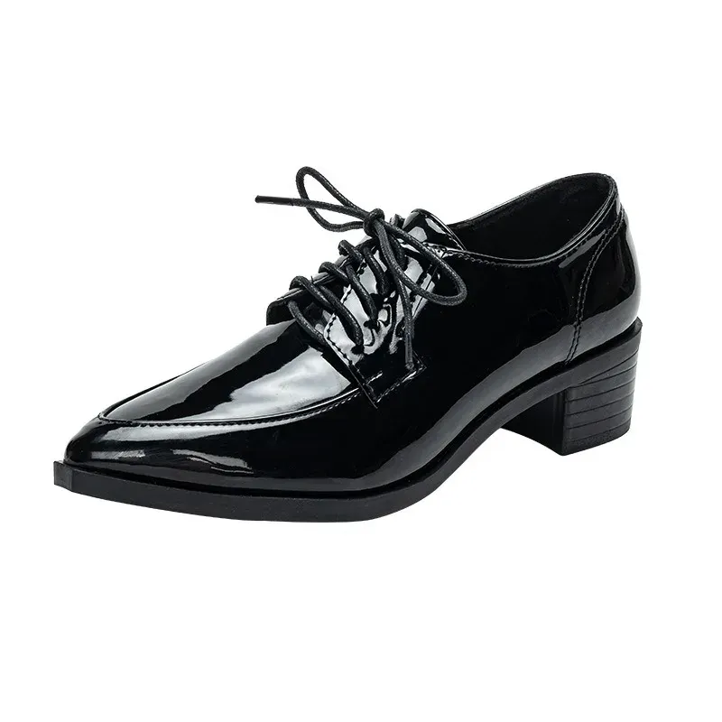Autumn Women Heels Lace up Derby Shoes Luxury Black Patent Leather Lady Work Shoes Fashion Pointed Toe Square Heels Thin Shoes