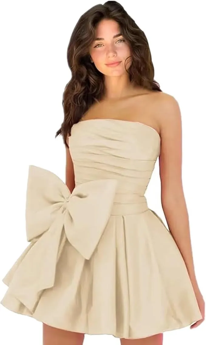 a line ruched strapless chiffon ruffled homecoming dress with bow Sherri Hill Strapless Tiered Ruffle Prom Dress 56867