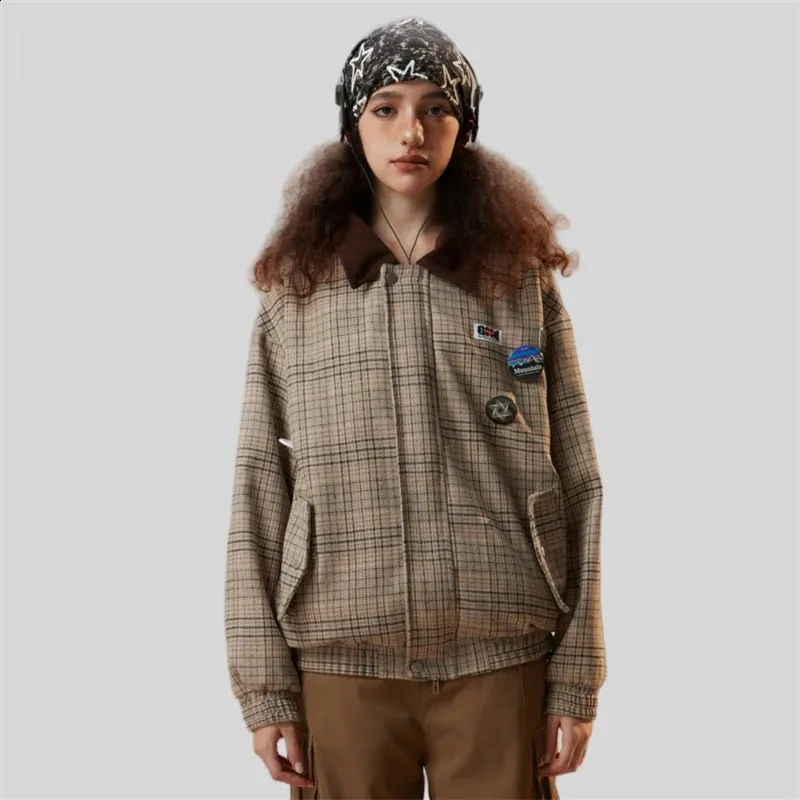 ジャケット・アウター Faux Shearling Lined Bomber Jacket Plaid Oversized Plaid Bomber Jacket: Y2K Street Style for Women & Men