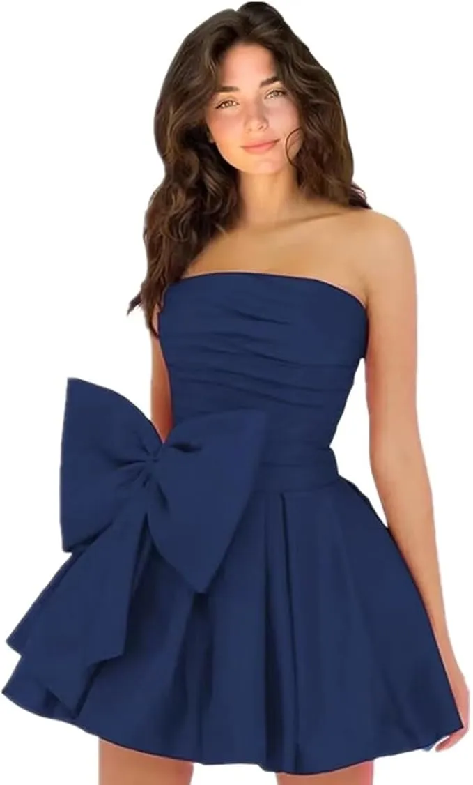 knee length dresses for ladies Chic Strapless A-Line Homecoming Dress With Bows – Movousdress main image 1