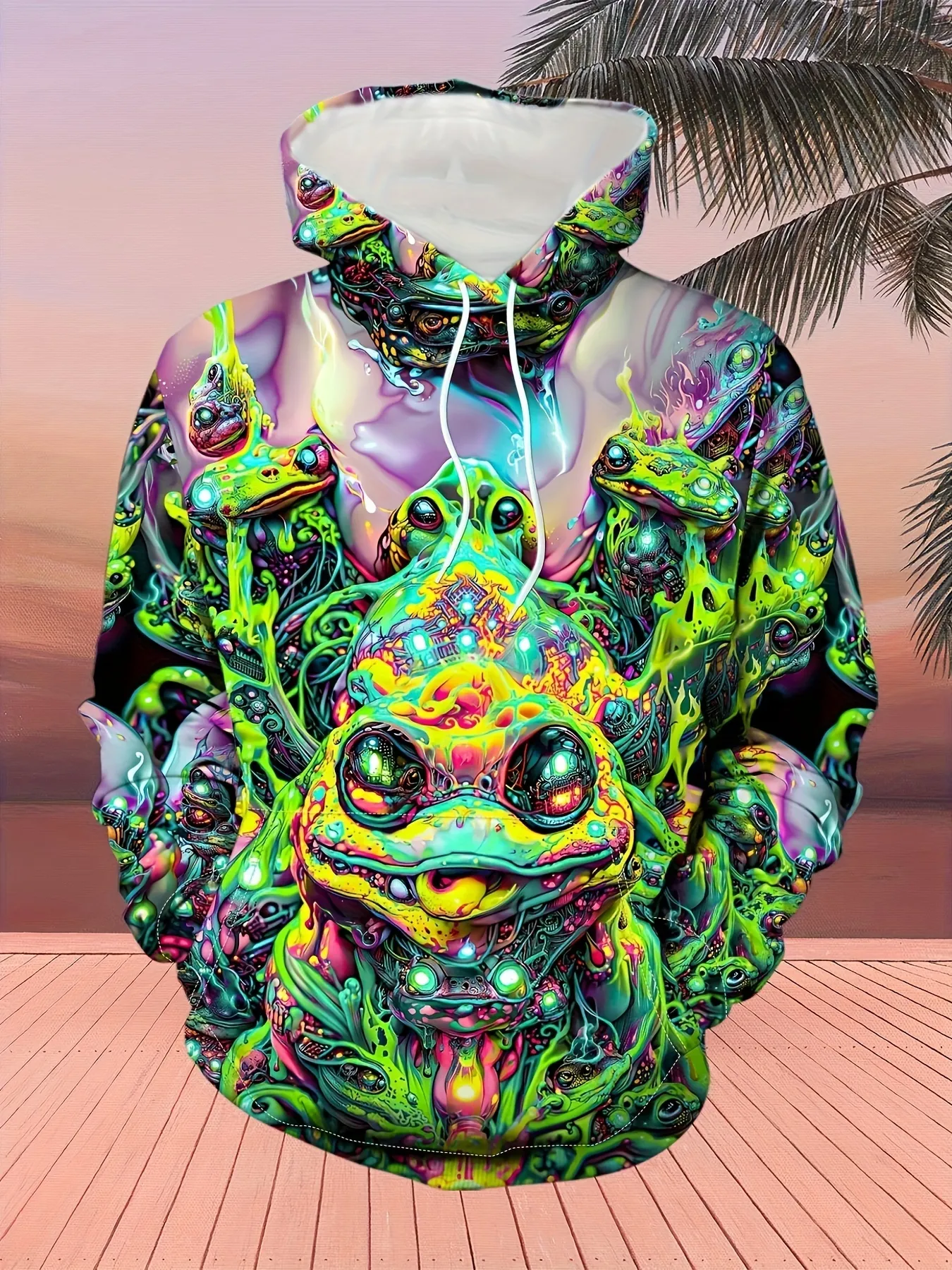 Mens Graphic Hoodies Frog Graffiti Print Hoodie, Cool Male Hoodies