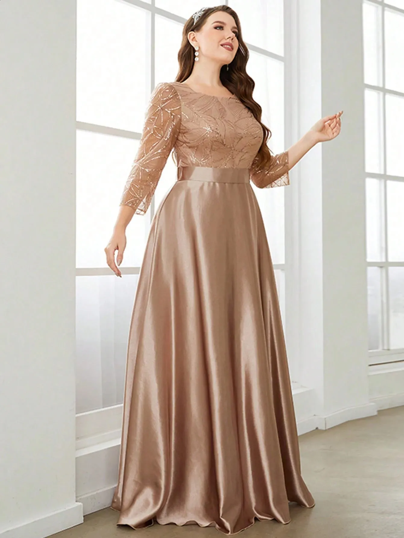 Stunning Sequin Patchwork Satin Ball gold maxi dress with Crew Neck and Long Sleeves - Perfect for Parties, Bridesmaids, and Special Occasions - Style Stunning Sequin Patchwork Satin Ball gold maxi dress with Crew Neck and Long Sleeves - Perfect for Parties, Bridesmaids, and Special Occasions - Style