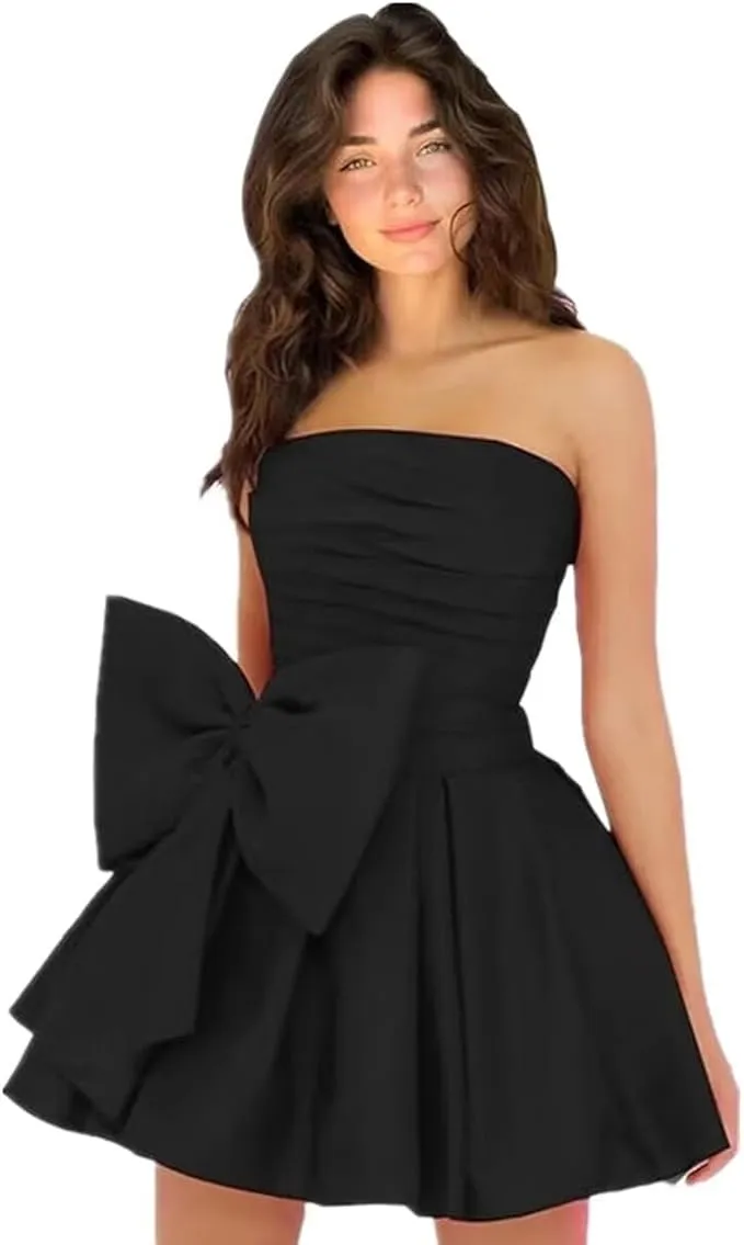 a line ruched strapless chiffon ruffled homecoming dress with bow Ava Presley Strapless Ruffle HoCo Dress 26451 Hot Pink / 10