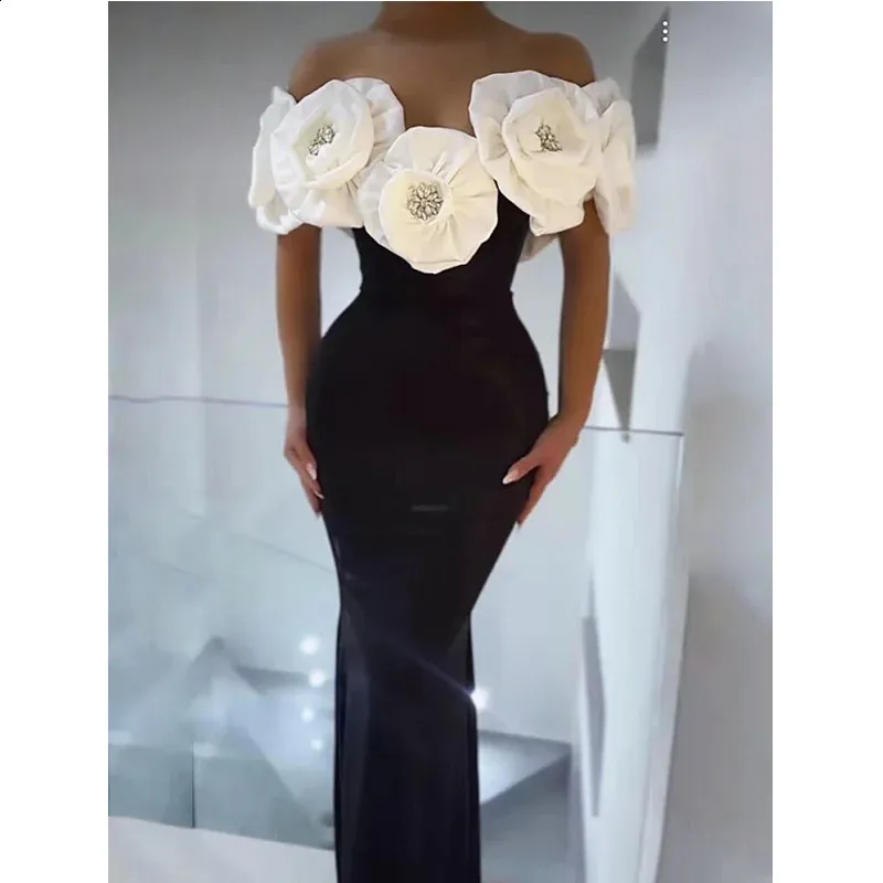 Three Dimensional White Flower Sexy Shoulder Ankle Length Bandage Dress for Womens Birthday Party Vestido Wedding Party Costume 240904