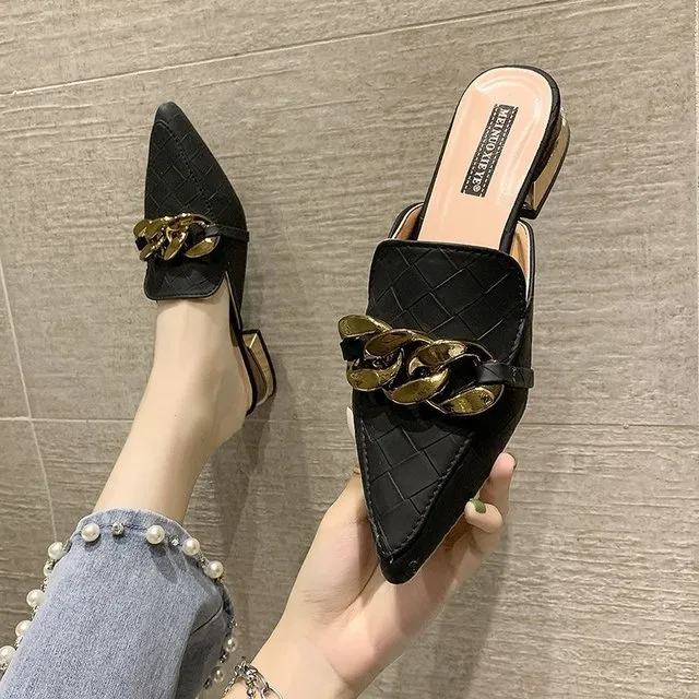 Elegant Pointed Toe Heels: Women's Low Heel Mules with Chain Detail -  Stylish Ladies Dress Mules Shoes for Autumn Office Wear