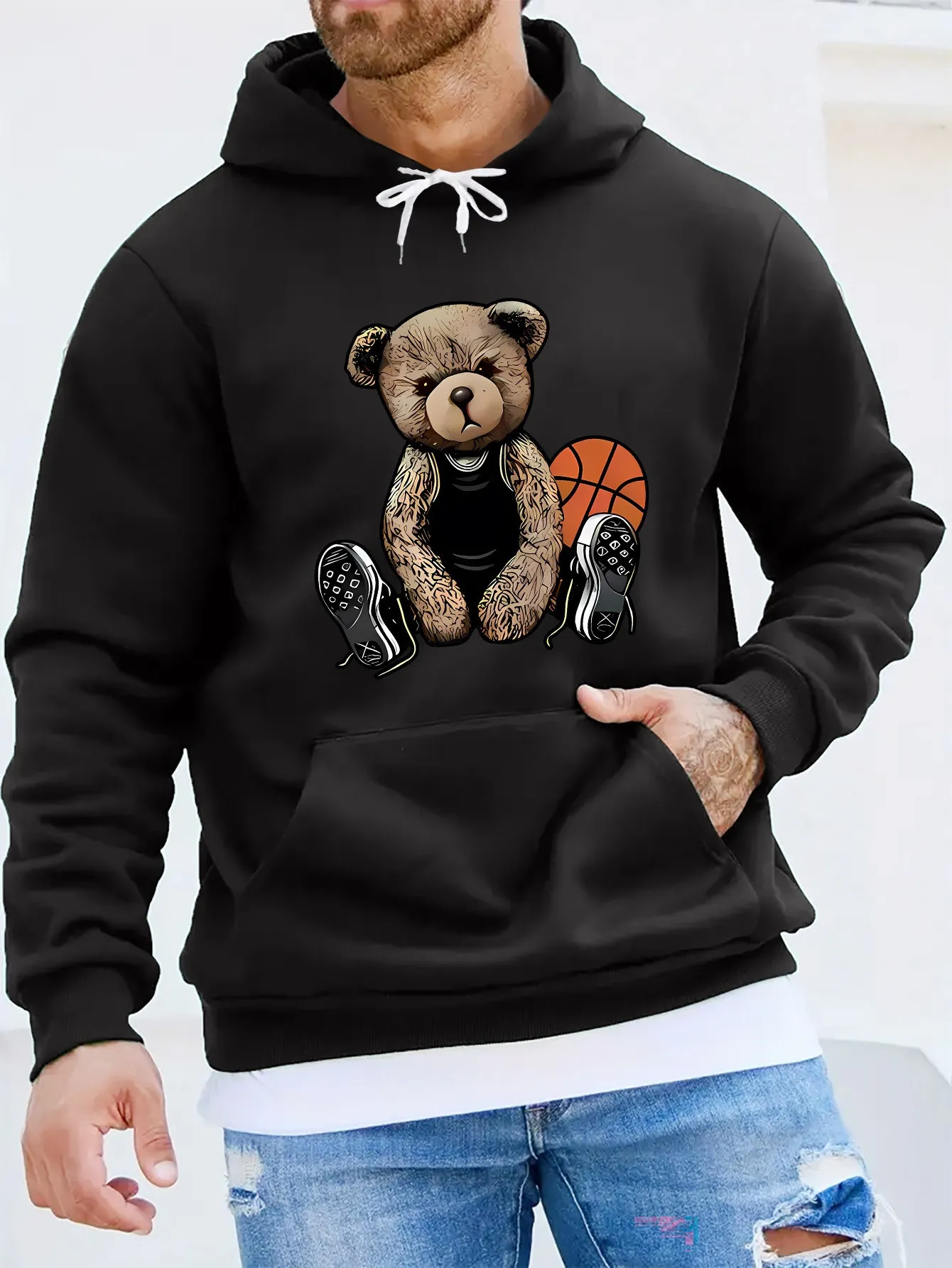 Cozy Basketball Bear Print Men s Sweatshirt Casual Trendy Hoodies for 2024