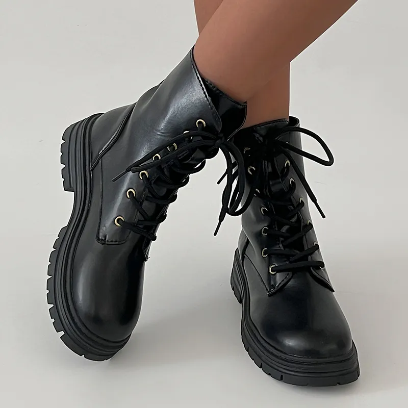 Rimocy Low Heel Black PU Leather Chunky Flat Boots For Women Lace Up Fashion Booties With Non Slip Platform For Combat Botas Mujer 2024 From Factory Dh1421059 Bulk 10.06 DHgate.Com