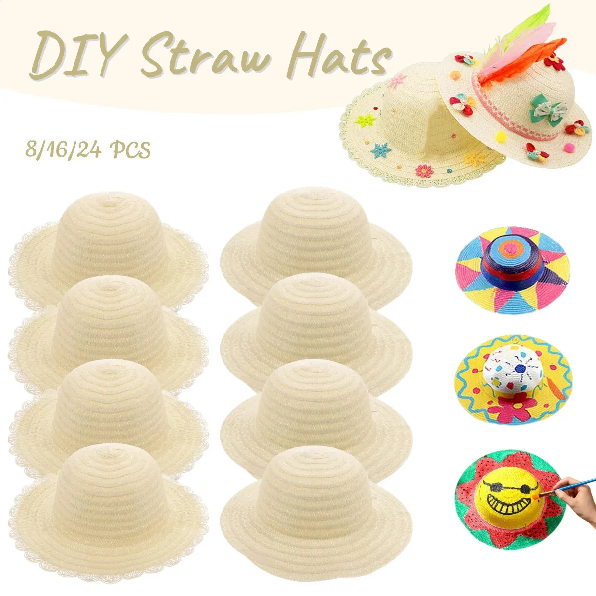 8-DIY Straw Hats Laciness White Handmade Blank Round Beach 