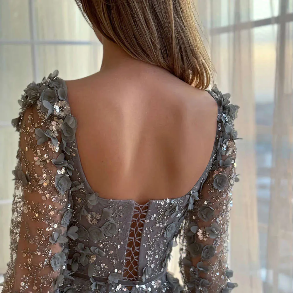 grey evening dress with sleeves Steel Grey Long Sleeve Chiffon V-Neck Flowy Pleated Empire Prom Dress  NZ  Bridal