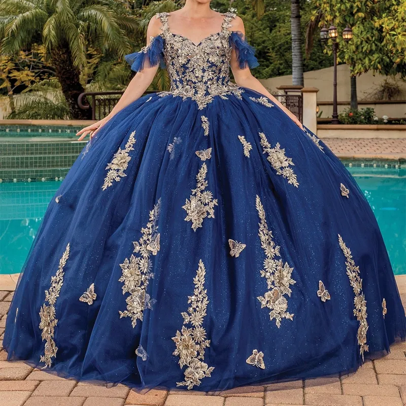 Off-Shoulder Navy Blue Princess Quinceanera marriage...