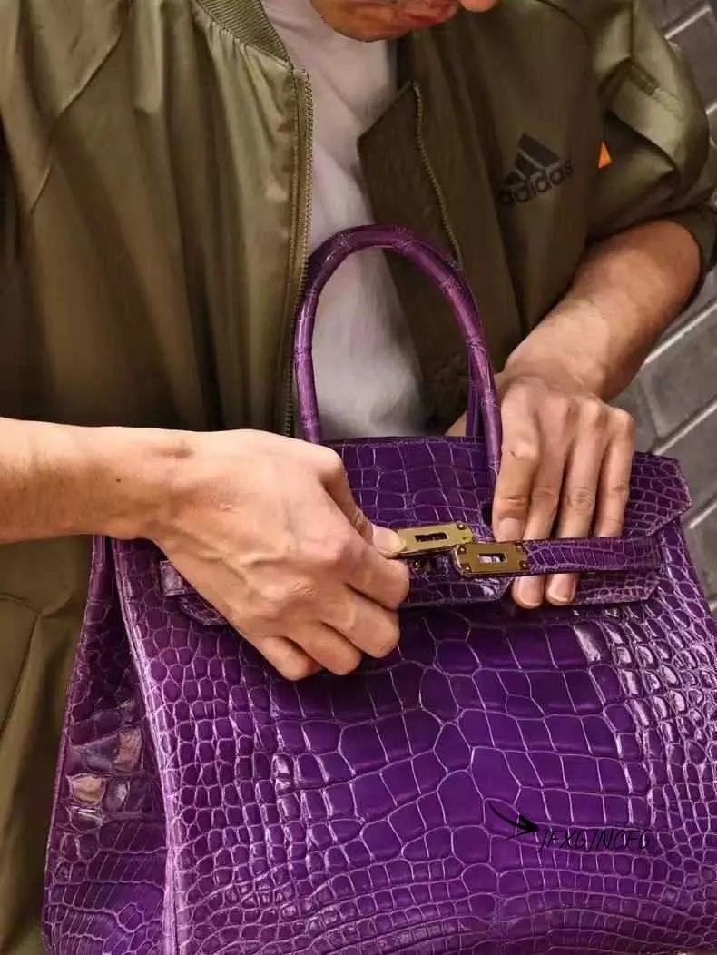 Handmade American Crocodile Leather Vintage Purple Handbag with
