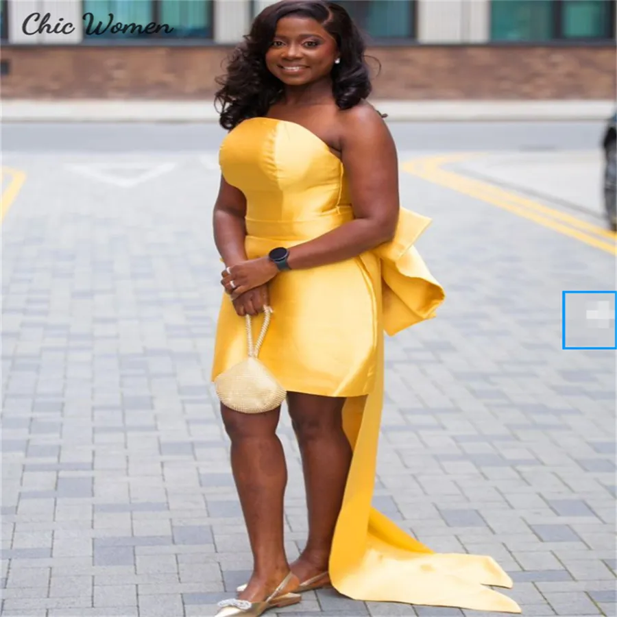 Yellow Satin Strapless Yellow Short Prom Dress With Train Perfect For African Cocktail Parties Proms And Formal Events In 2025 From Tikdress 95.17 DHgate.Com