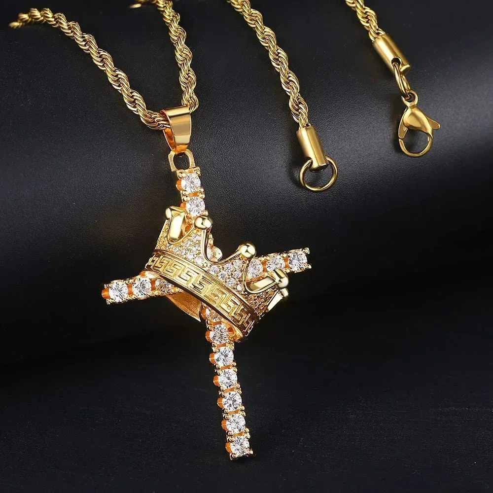 Cross Crown Necklace: Gold Plated Stainless Steel Hip Hop Pendant
