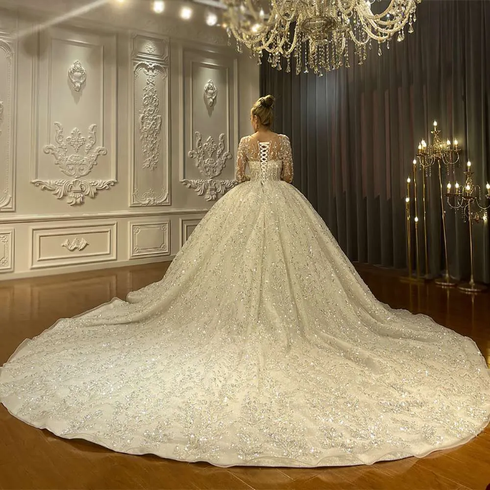 sequin appliques for wedding dress Sequin Appliques Wedding Gown: Elegant O-Neck Long Sleeve Bridal Dress, Court Train. Shop Now!