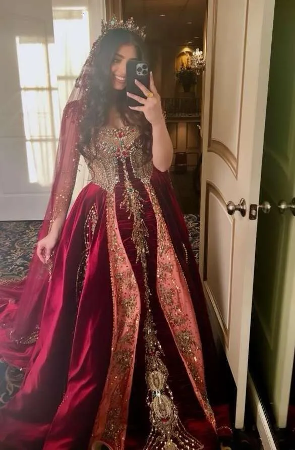 burgundy and gold wedding dress Sweetheart Ball Gowns Velvet Wedding Dresses Gold Lace Embroidery