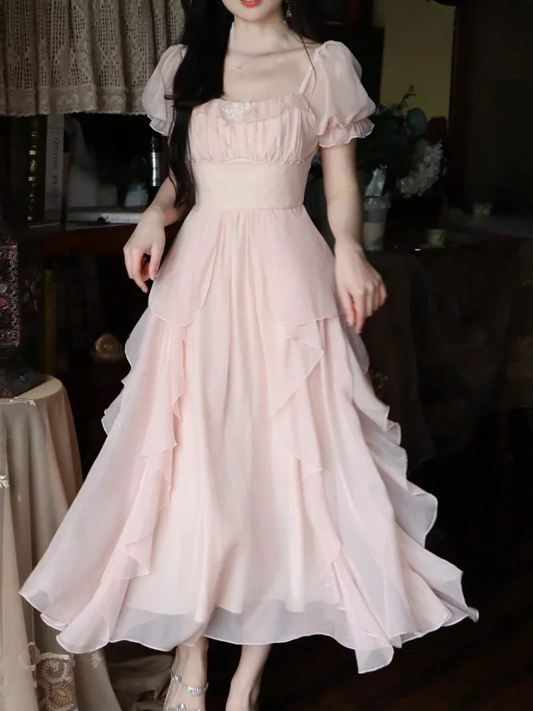 sachin and babi light blue dress Vintage Pink Chiffon Midi Dress – Romantic 90s Wedding Guest Outfit main image 0