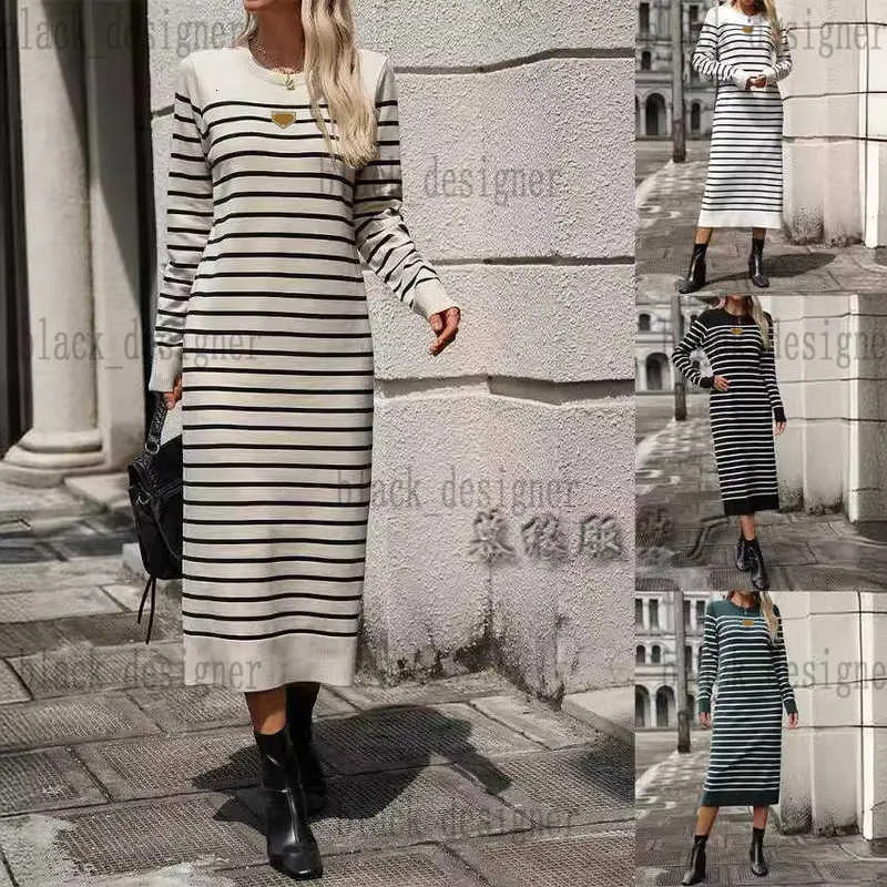 Save Big on Bulk Casual Knitted Dresses Basic Casual Dress Designer 2024  Winter New Slim Fit Intercolor Women's Knitted Shirt Striped Long Dress