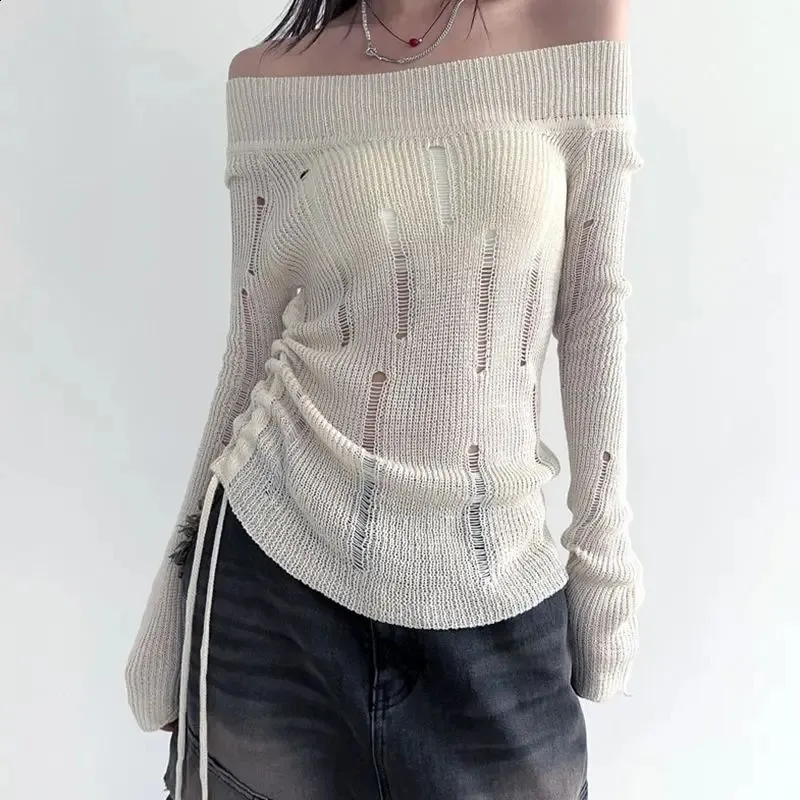 Womens Asymmetrical Knit Sweater Single Shoulder, Torn Side