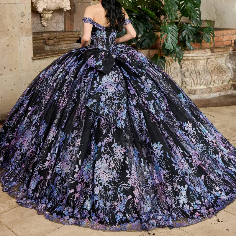 Off-Shoulder Black Quinceanera purple wedding dress with Sequin Applique, Lace Beads, and Crystal Bow for Sweet 16 Birthday Party - Vestido de 15 Anos