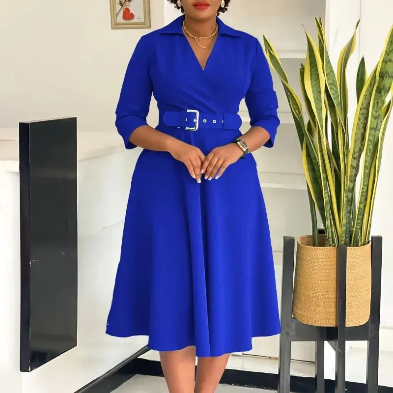 Comfortable Midi Dress Women's 3/4 Sleeve V-Neck A-Line Dress  Semi-Formal  Church Or Work Dress With Pockets, Solid Colors Casual Dress With Pockets