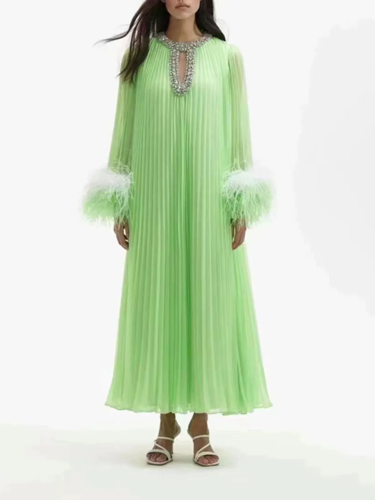 self portrait green maxi dress Green Metallic Tie Neck Maxi Dress – self-portrait-US