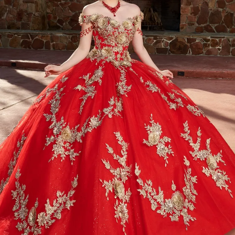 Red Princess Quinceanera Tulle Off-Shoulder Corset Ball Gown main image 1