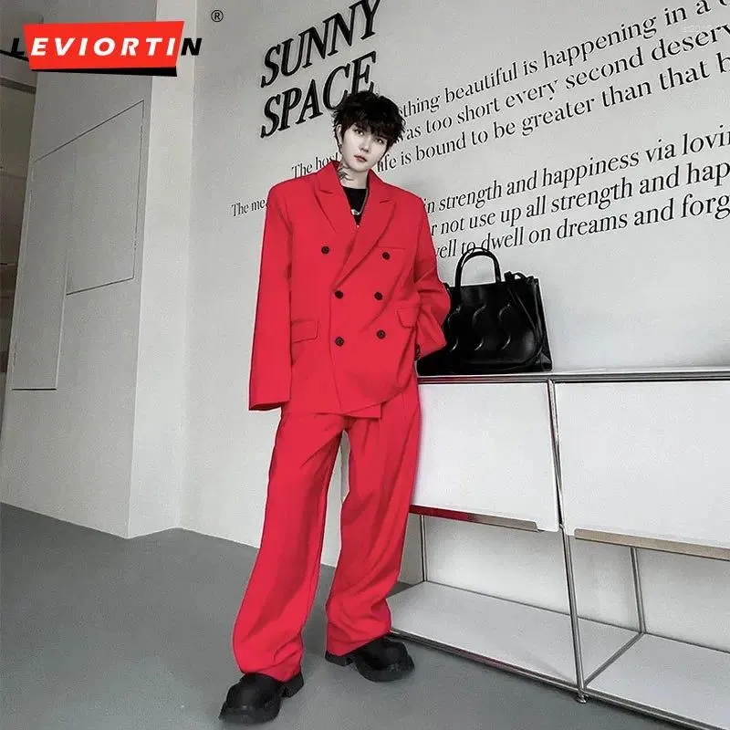 Mens Vintage Casual Suit Set Loose Lapel Blazer Straight Pants