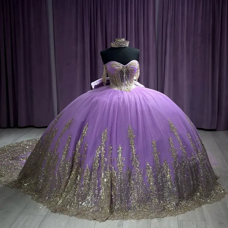 Purple Gold Quinceanera Dress: Sparkly Ball Gown, Off-Shoulder Applique,  Shop Now!