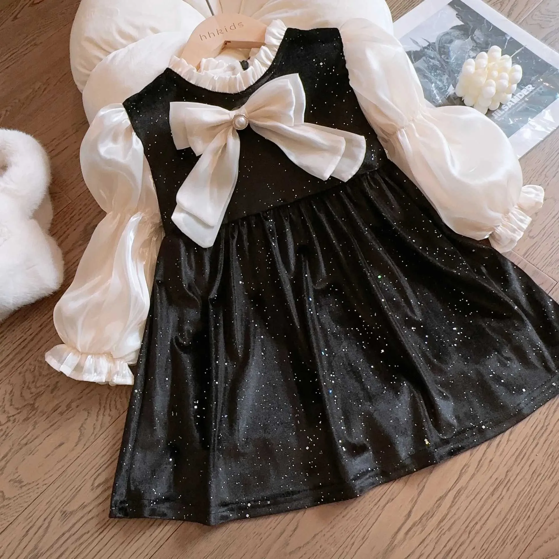 navy blue dress for baby girl Girls Velvet Bow Dress, Princess Costume, Autumn Winter, Kids Clothing